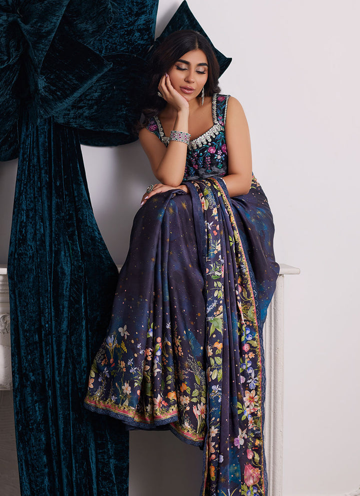 Alixia Charmeuse Saree With Velvet Blouse - Farah Talib Aziz - Saree Blouse - raniazara