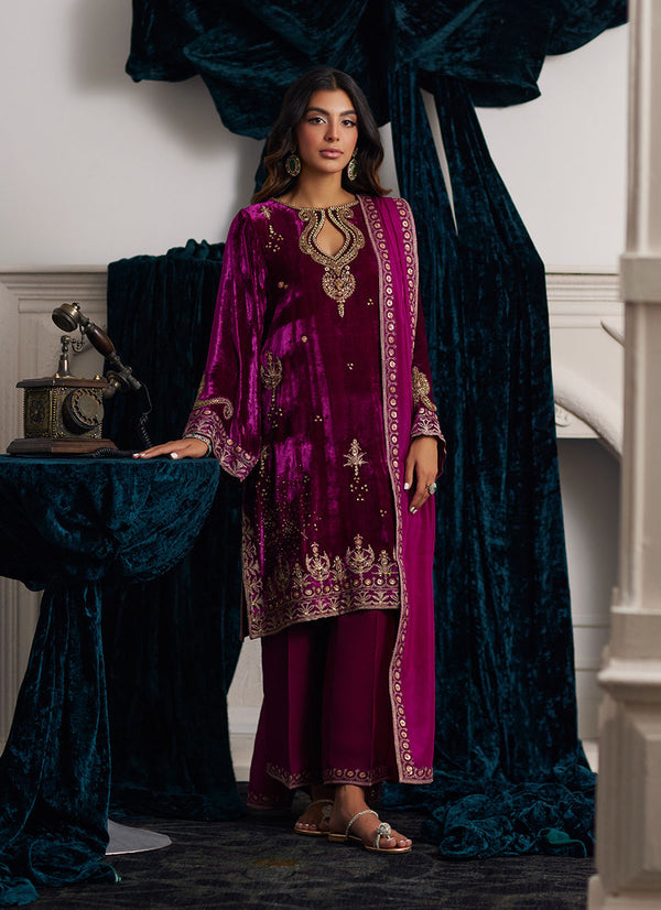 Emili Velvet Shirt And Dupatta - Farah Talib Aziz - Velvet Suit - raniazara