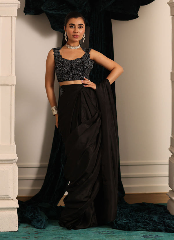 Marli Onyx Saree And Velvet Blouse - Farah Talib Aziz - Saree Blouse - raniazara