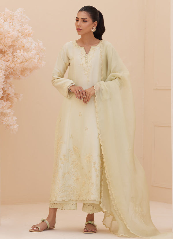 Crema Embroidered Raw Silk Shirt and Dupatta - Farah Talib Aziz - Casual Wear - raniazara