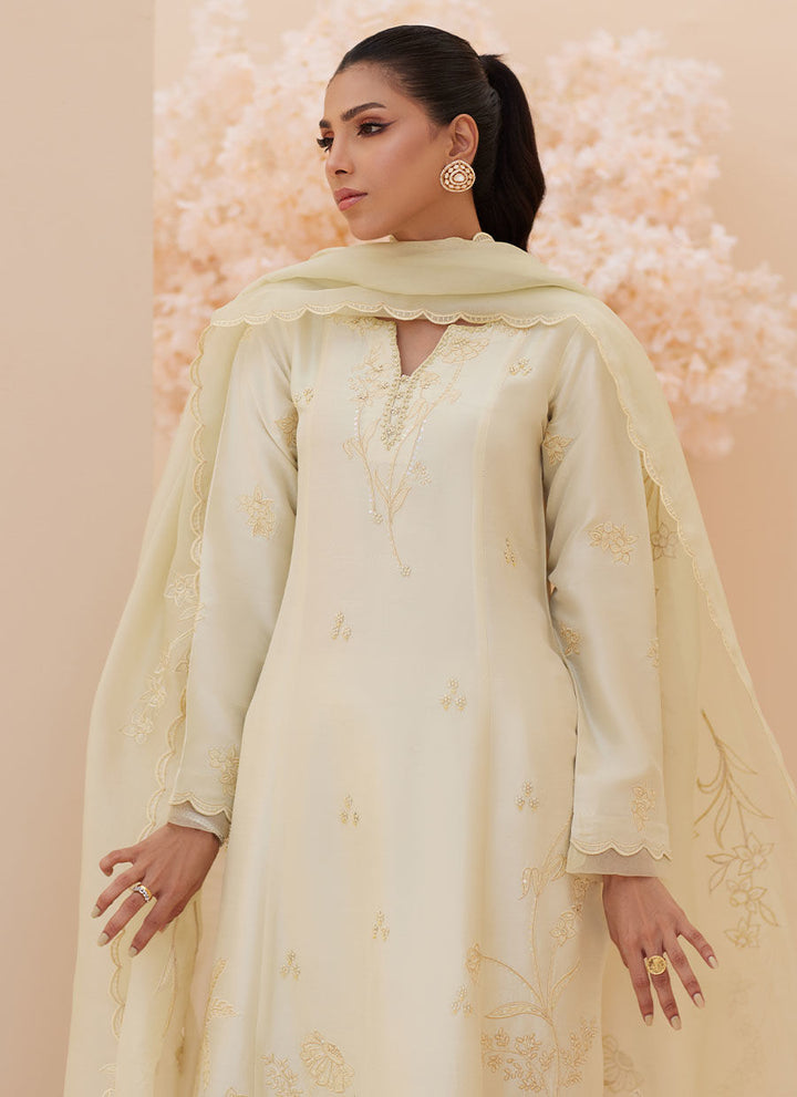 Crema Embroidered Raw Silk Shirt and Dupatta - Farah Talib Aziz - Casual Wear - raniazara