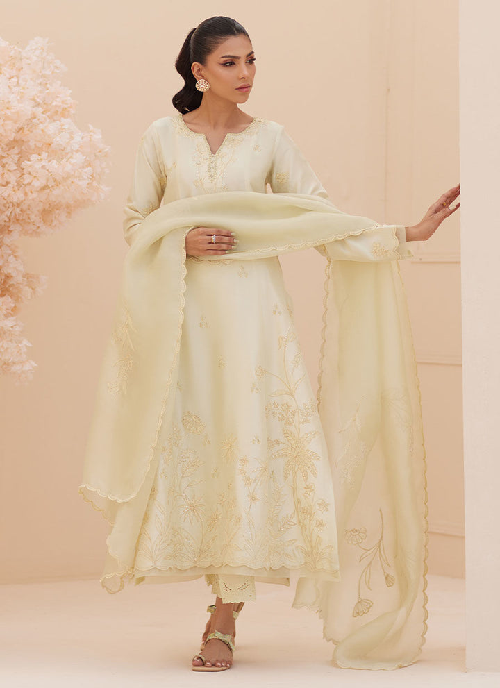 Crema Embroidered Raw Silk Shirt and Dupatta - Farah Talib Aziz - Casual Wear - raniazara