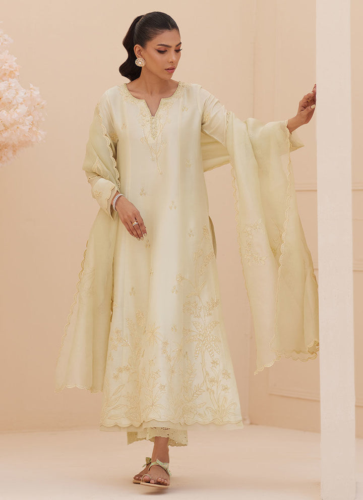 Crema Embroidered Raw Silk Shirt and Dupatta - Farah Talib Aziz - Casual Wear - raniazara