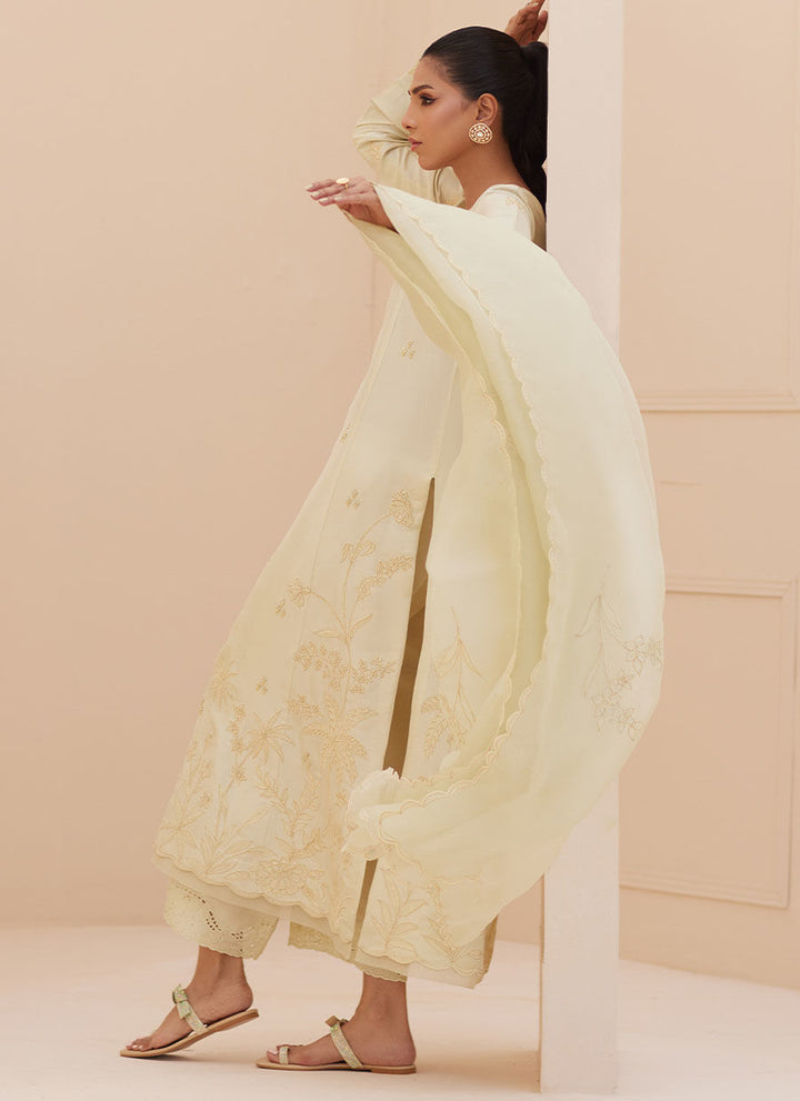 Crema Embroidered Raw Silk Shirt and Dupatta - Farah Talib Aziz - Casual Wear - raniazara