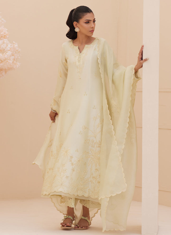 Crema Embroidered Raw Silk Shirt and Dupatta - Farah Talib Aziz - Casual Wear - raniazara