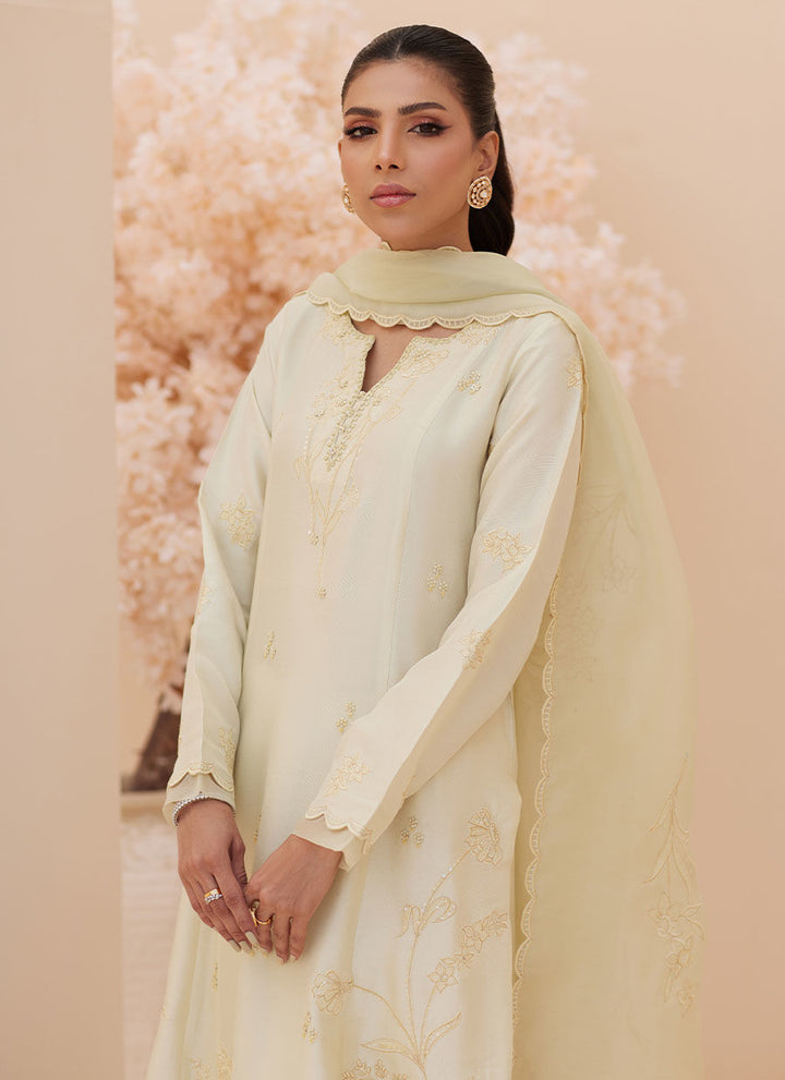 Crema Embroidered Raw Silk Shirt and Dupatta - Farah Talib Aziz - Casual Wear - raniazara