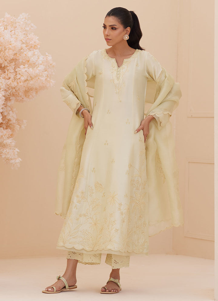 Crema Embroidered Raw Silk Shirt and Dupatta - Farah Talib Aziz - Casual Wear - raniazara