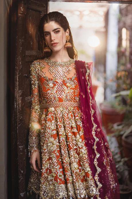 Bridal Tangerine Peplum Embellished with Naqshi Gold Work  - Ayesha Shoaib Malik - Bridal - raniazara