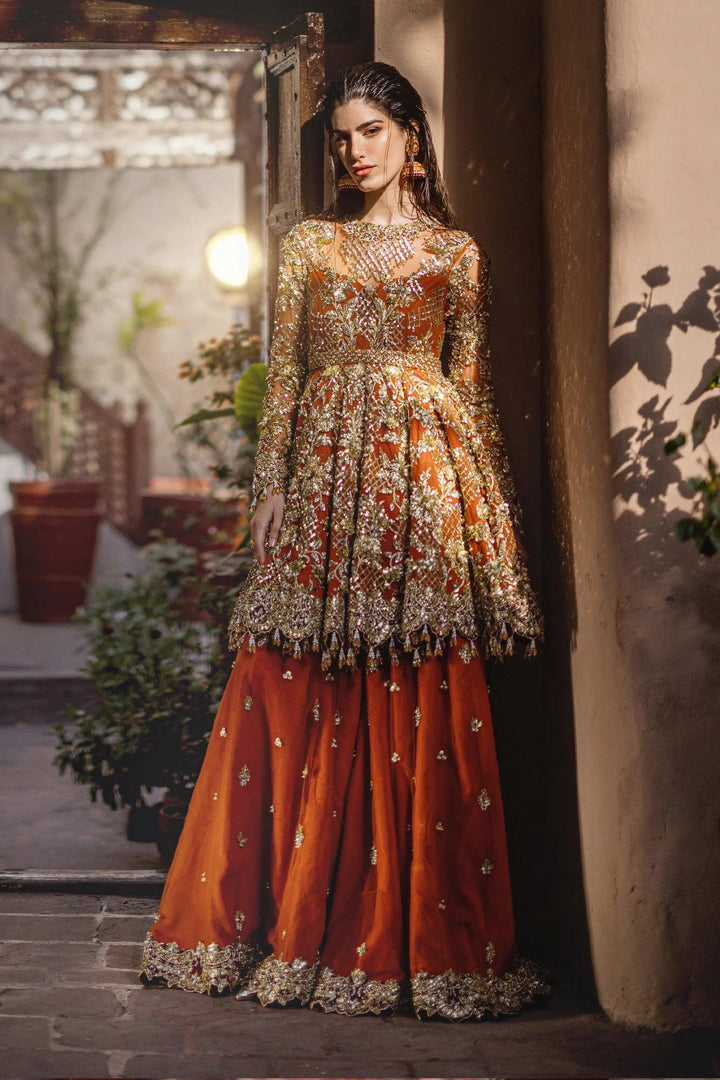 Bridal Tangerine Peplum Embellished with Naqshi Gold Work  - Ayesha Shoaib Malik - Bridal - raniazara