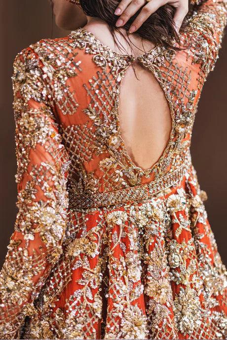 Bridal Tangerine Peplum Embellished with Naqshi Gold Work  - Ayesha Shoaib Malik - Bridal - raniazara