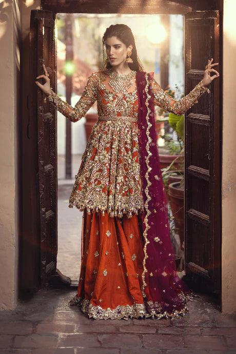 Bridal Tangerine Peplum Embellished with Naqshi Gold Work  - Ayesha Shoaib Malik - Bridal - raniazara