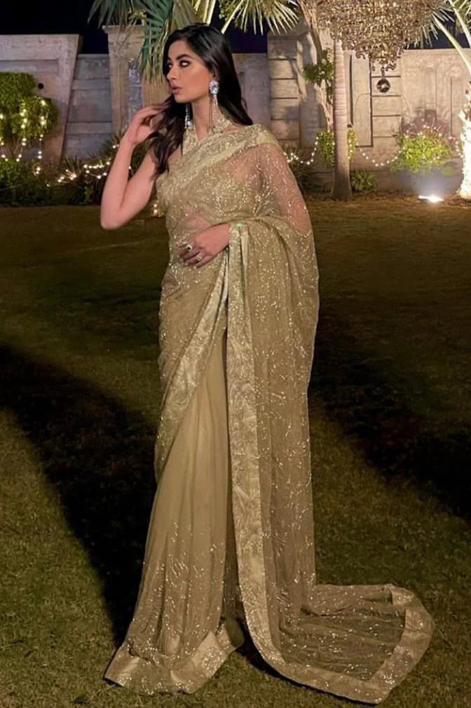 SC-005 Golden Saree - Ayesha Shoaib Malik - Saree - raniazara