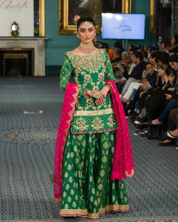 Green  jamavar brocade lengha and a pink cutworled duppatta - Harish Shakeel - Formal - raniazara