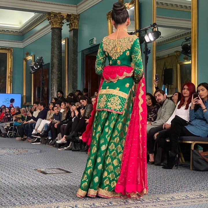 Green  jamavar brocade lengha and a pink cutworled duppatta - Harish Shakeel - Formal - raniazara