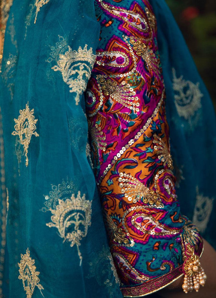 FIRU TEAL KALIDAAR WITH TEAL ORGANZA DUPATTA raniazarastudio