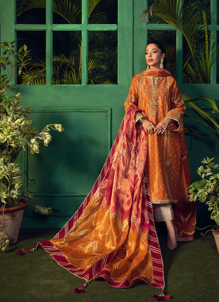 BAHAR BURNT ORANGE KURTA WITH PURE TISSUE OMBRE DUPATTA raniazarastudio