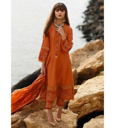 MADRAS ORANGE PANELLED SHIRT WITH DUPATTA - raniazarastudio