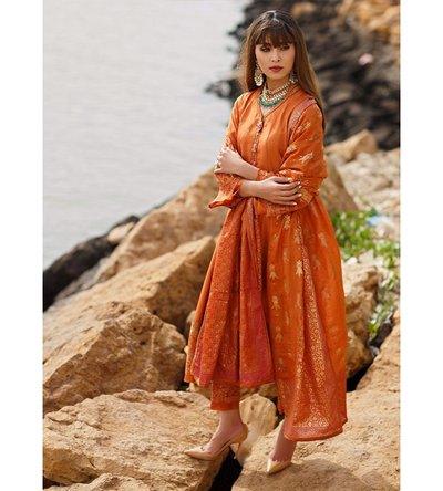 MADRAS ORANGE PANELLED SHIRT WITH DUPATTA - raniazarastudio